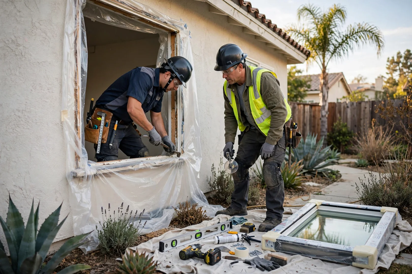 Homeowner reviewing a written window replacement estimate with an advisor at a kitchen table