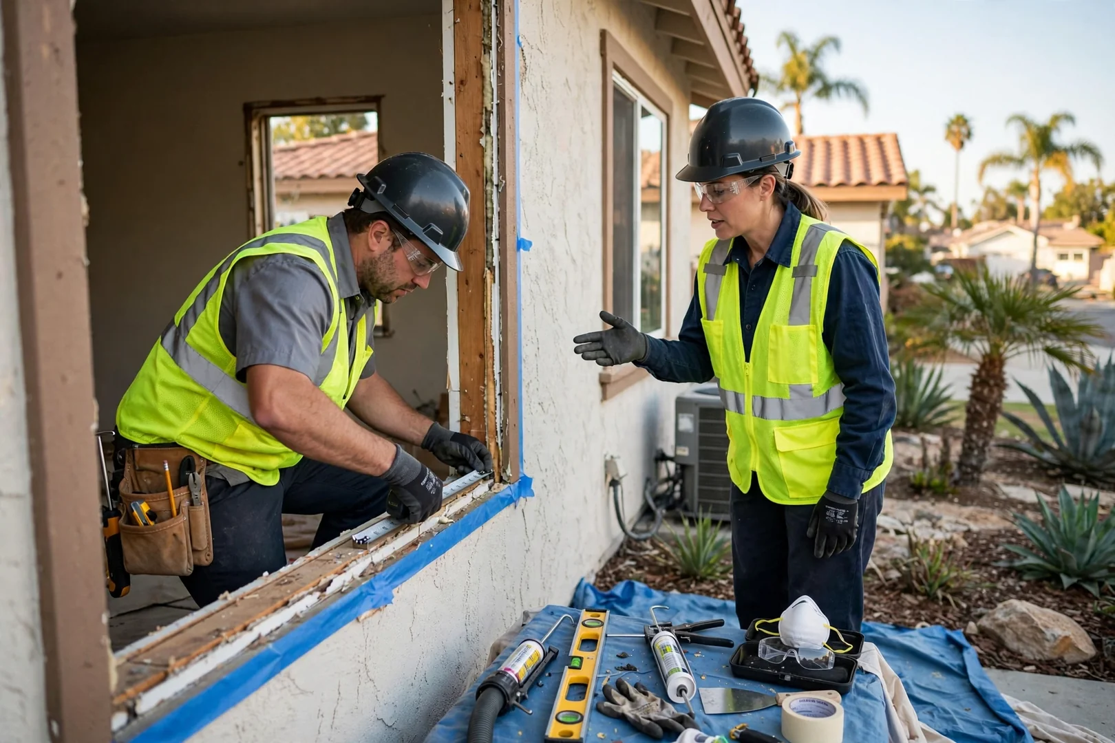 Homeowner reviewing energy-efficient window options with a technician beside a sunlit living room window