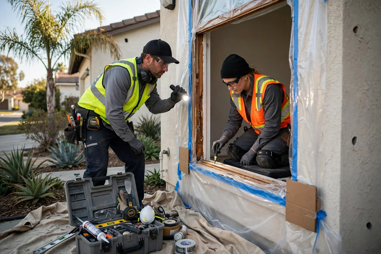 Installer setting a low-E insulated glass unit into a Garden Grove home opening