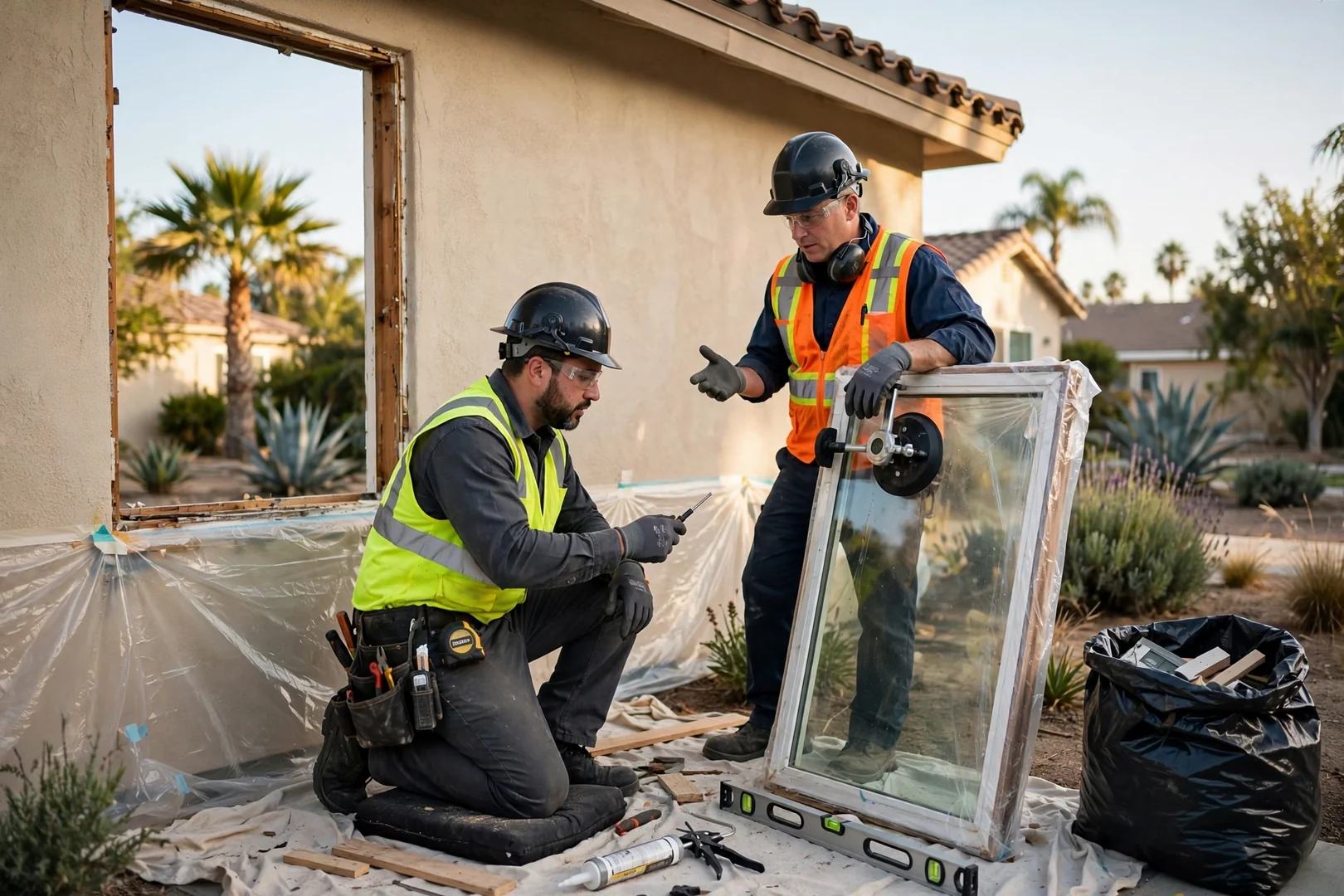 Technician measuring a window opening before energy-efficient glass installation in a Garden Grove home