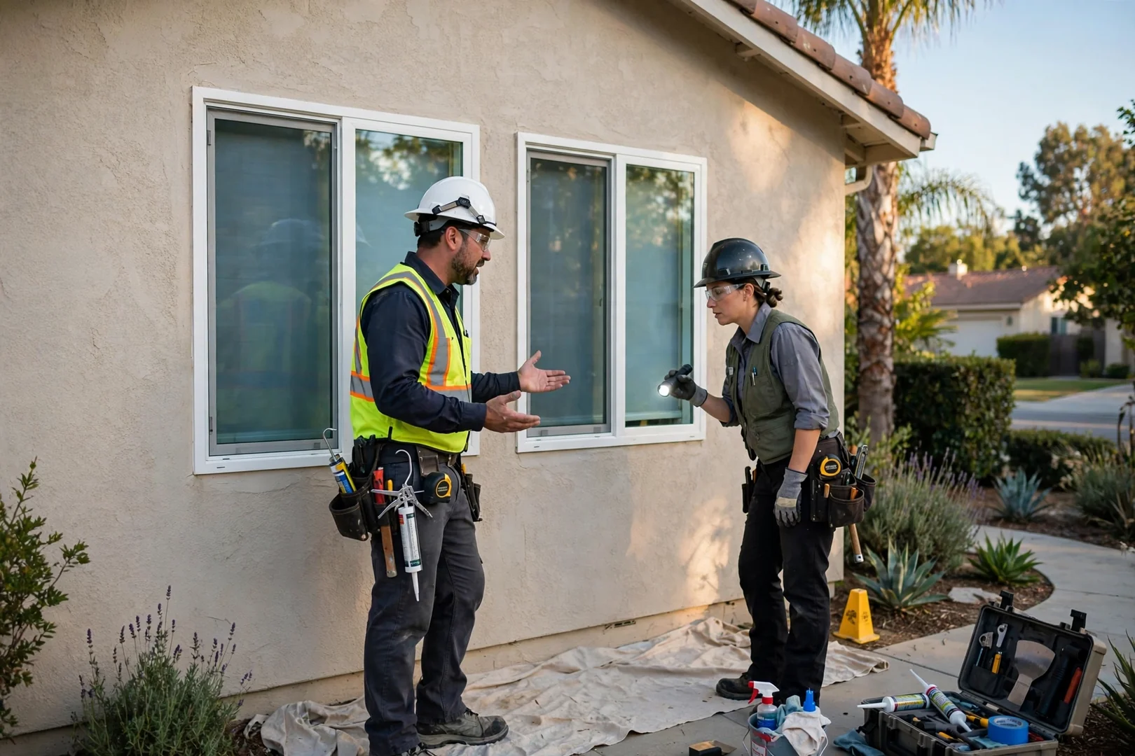 Finished dual-pane low-E retrofit windows on a stucco ranch home exterior