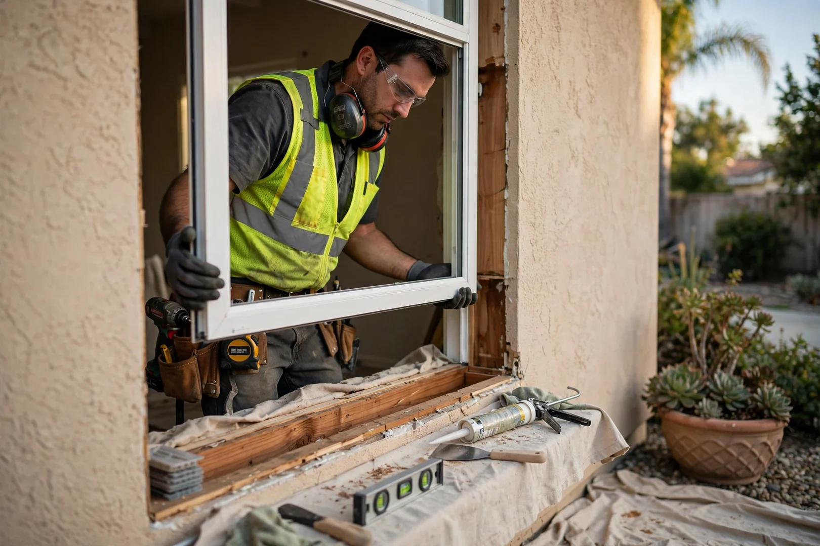 Technician setting a new window frame into a repaired wood sill opening
