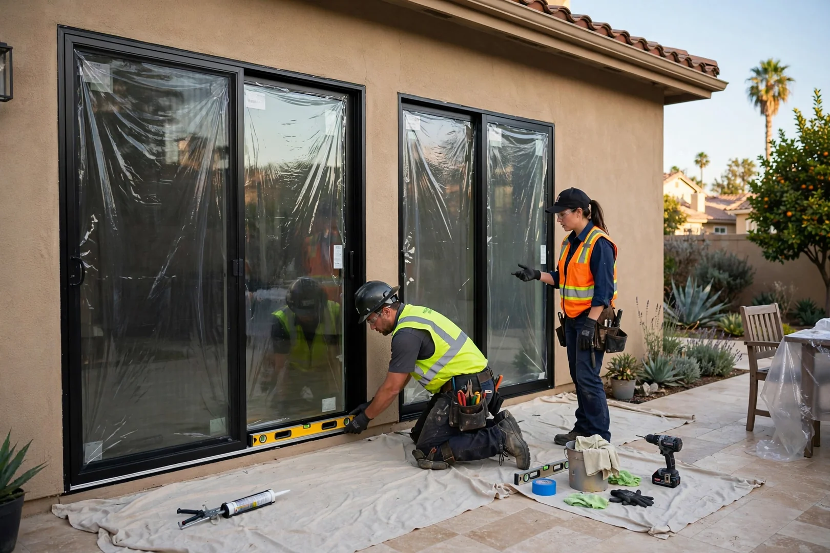 Wide shot of new sliding glass patio door and matching window on rear patio