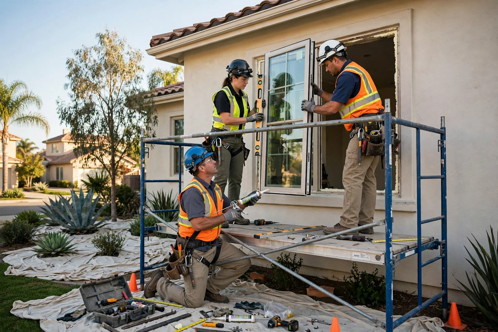 Crew installing argon filled casement windows from scaffolding on a two story home