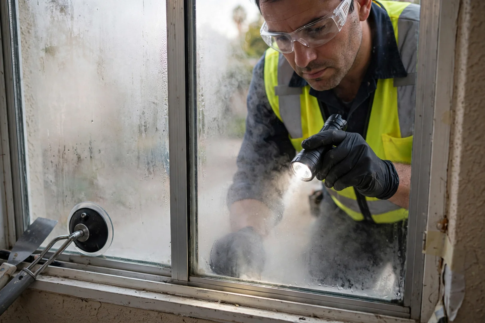 Close-up of fogged failed insulated glass unit being inspected before replacement