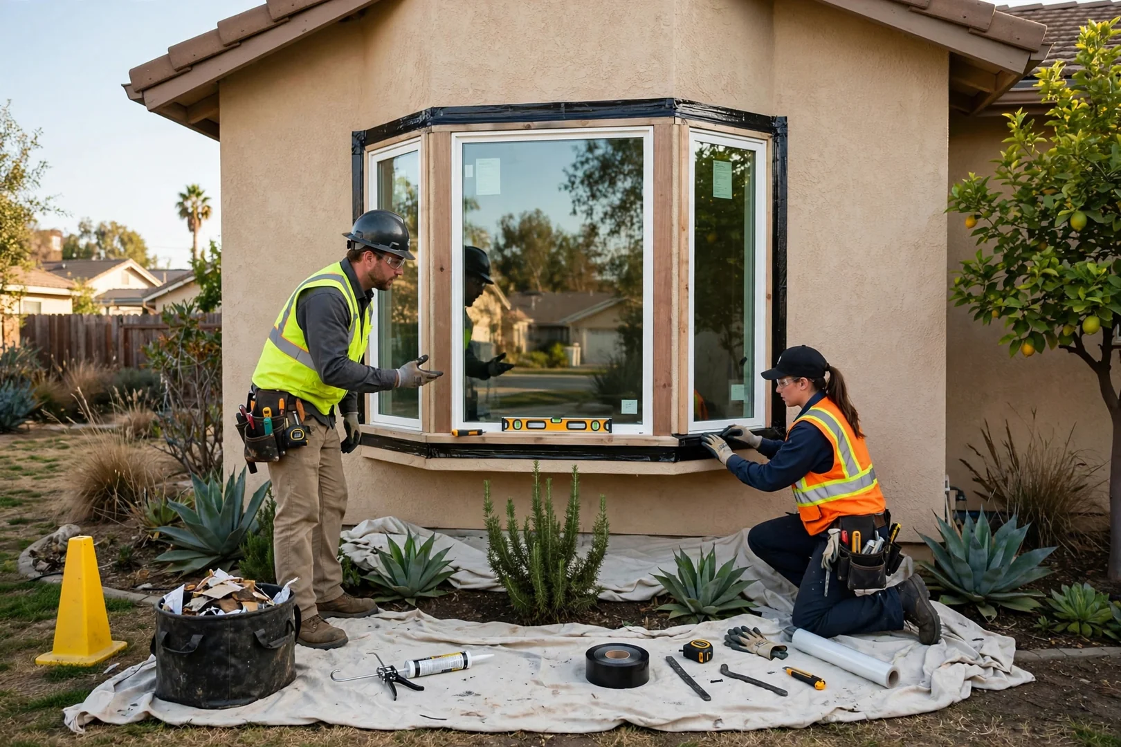 Rebuilt bay window with insulated glass and new flashing viewed from the yard