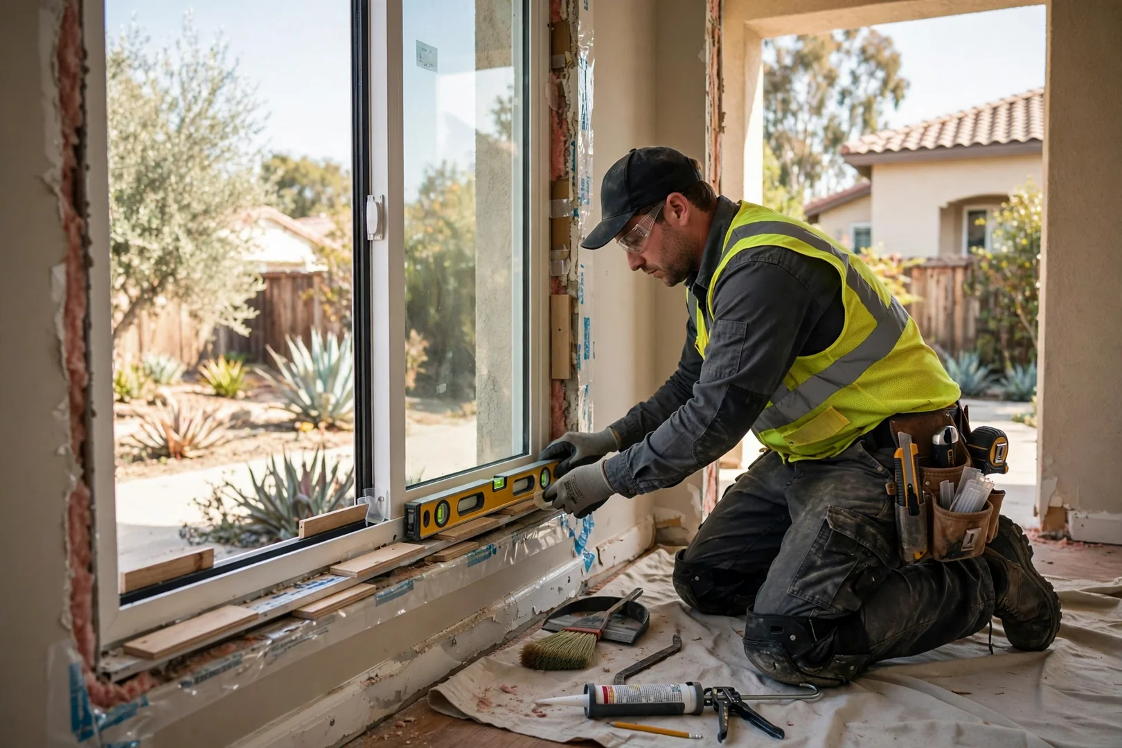 Trained installer shimming and leveling a new double-pane window unit in a residential opening