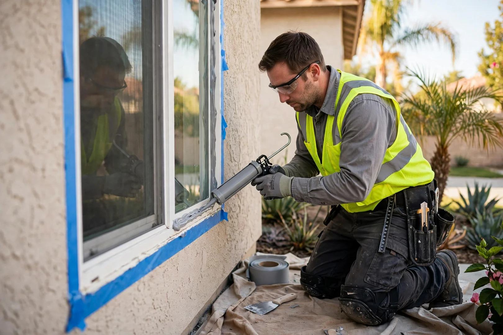 Technician sealing window perimeter with backer rod and sealant during a Garden Grove installation