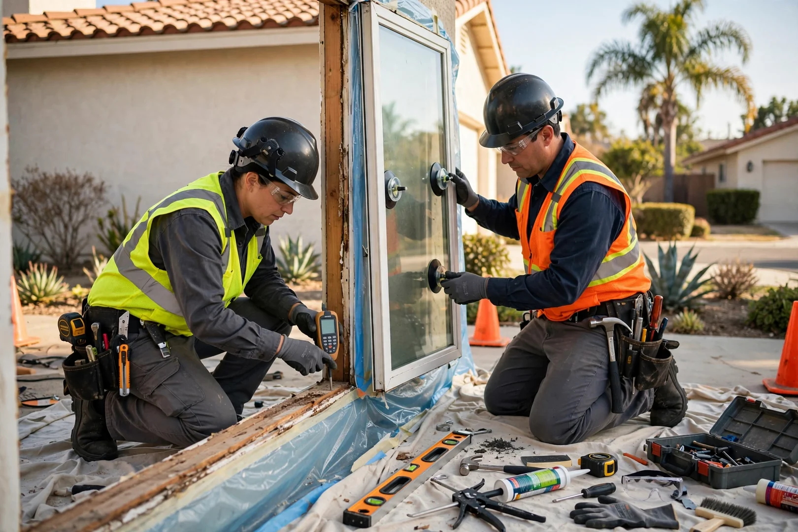 Homeowner reviewing an itemized window installation estimate with a technician at a kitchen table