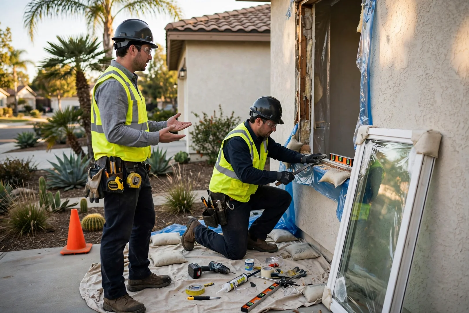 Installer measuring a window opening while homeowner reviews installation estimate in Garden Grove