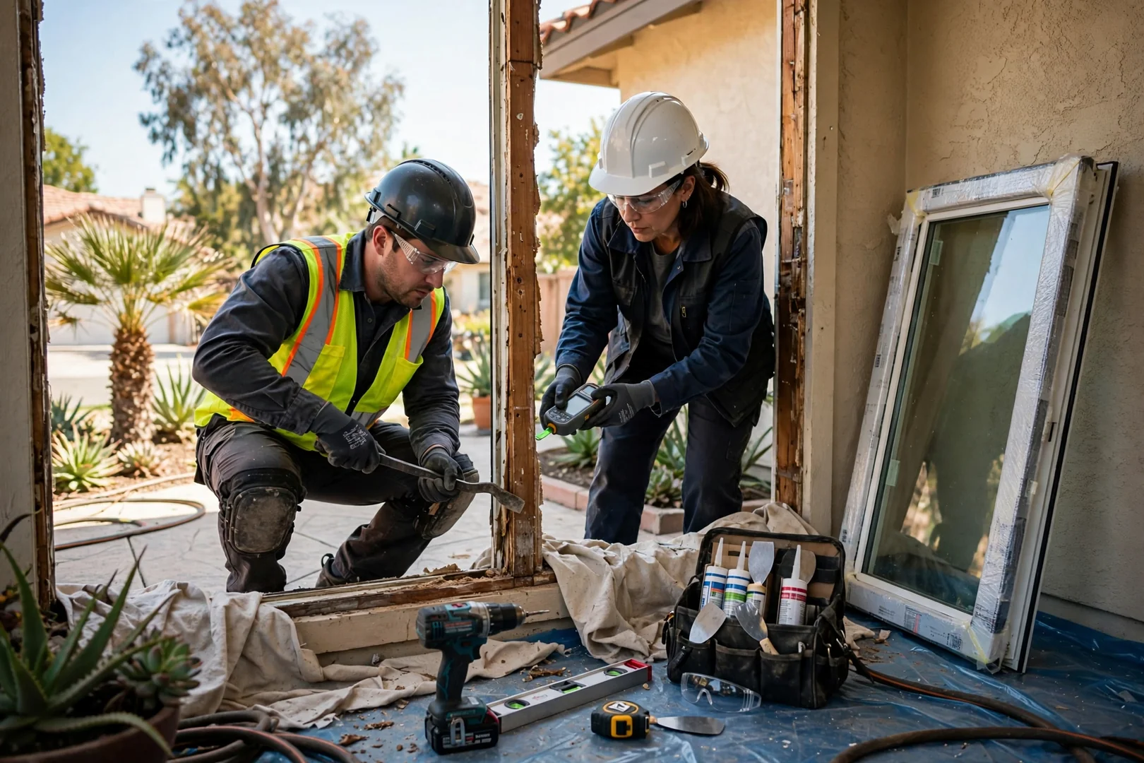 Installer setting a new vinyl window into a framed opening on a Garden Grove home