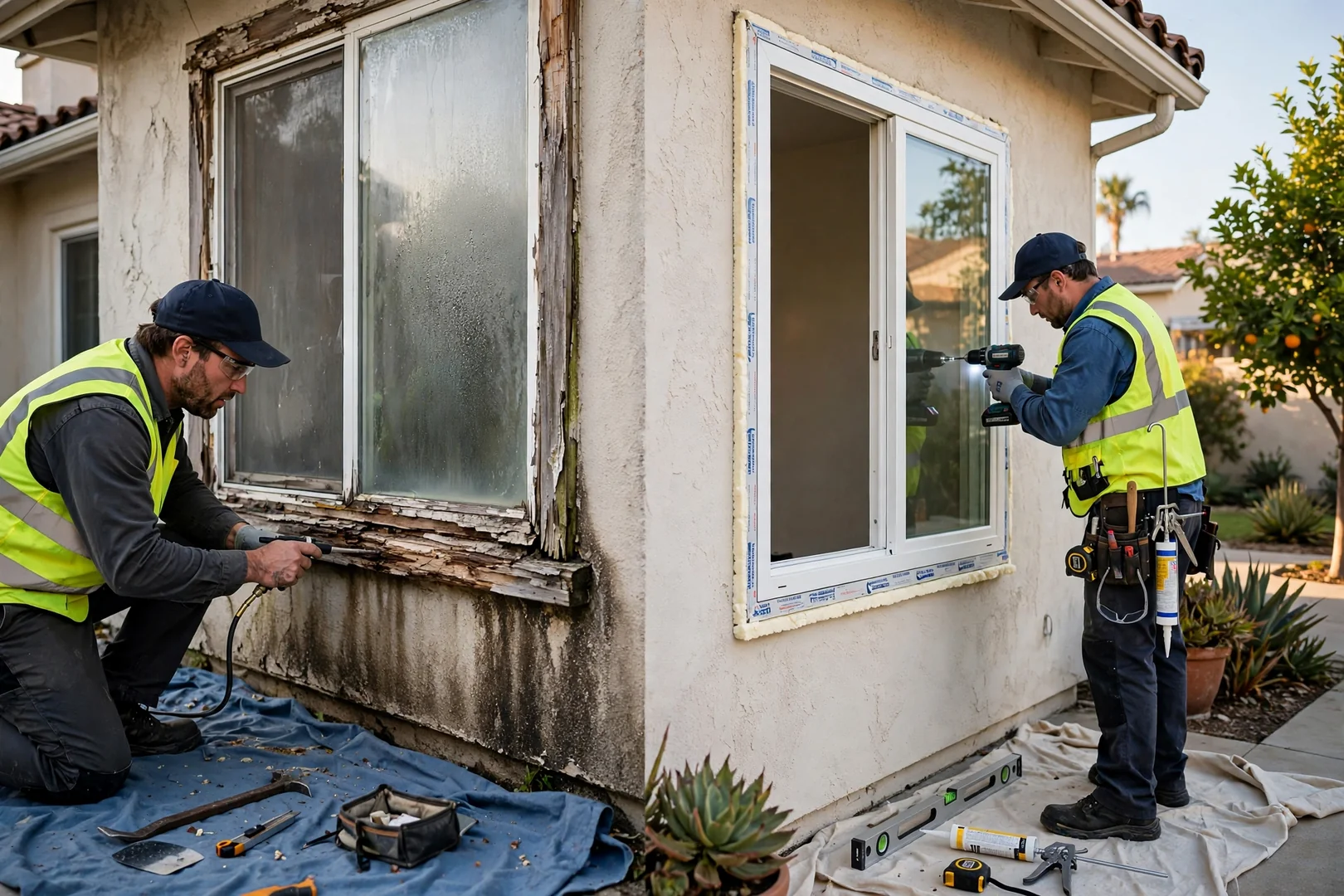 Damaged window frame with cracked stucco and water staining on an older residential wall