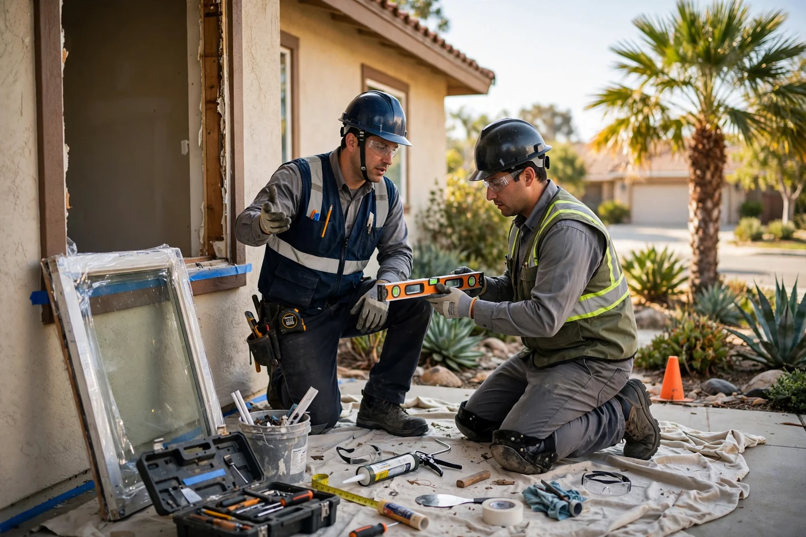 Installer setting a new vinyl window into a prepared opening on a Garden Grove home