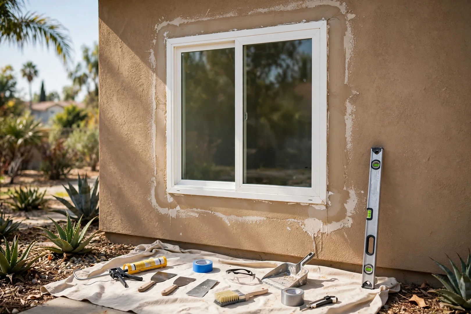 New vinyl window set into a freshly cut and patched stucco wall opening