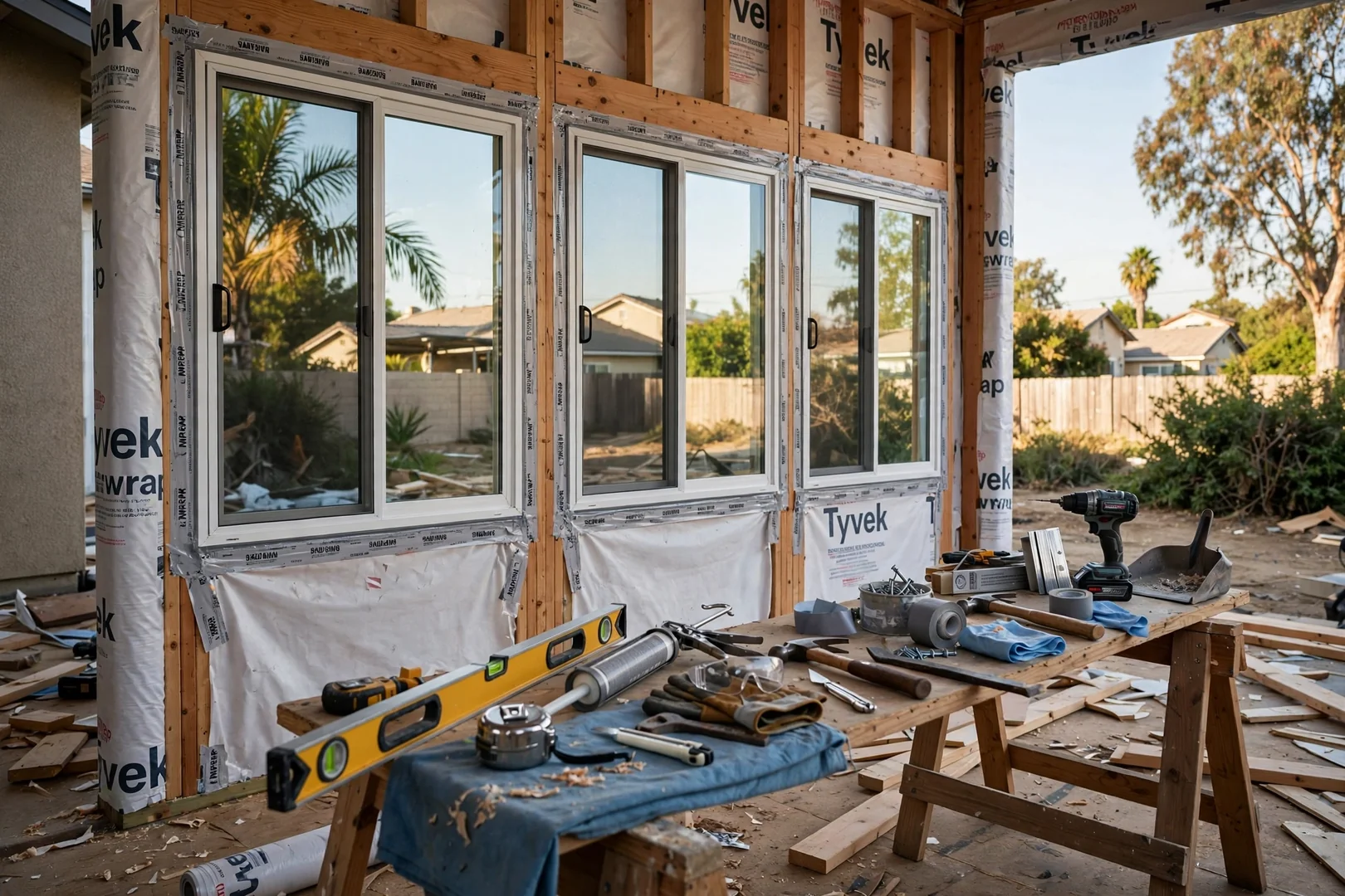 Newly installed sliders and picture window in a framed room addition with housewrap flashing