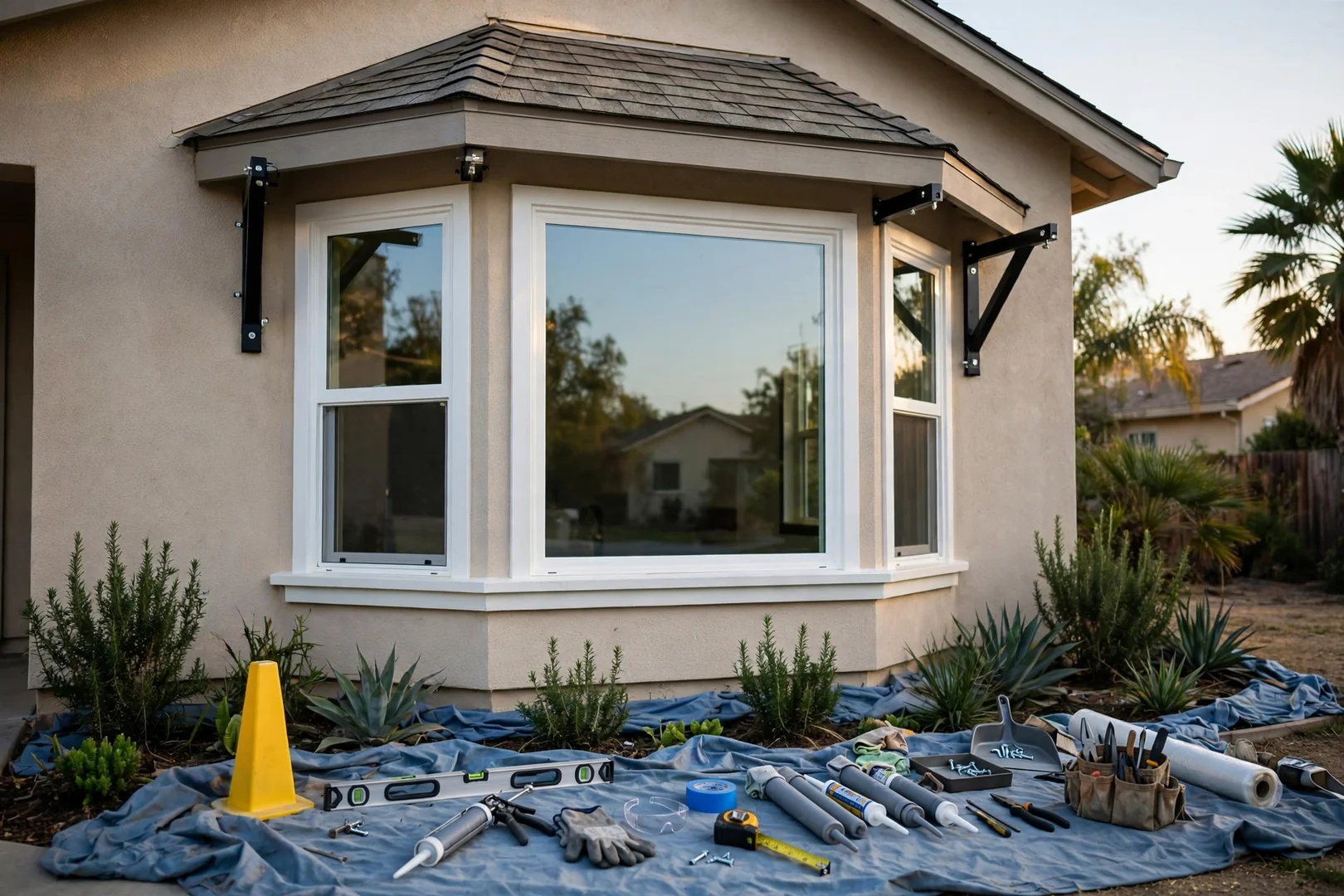 Completed bay window assembly with roof cap and support brackets on a suburban home