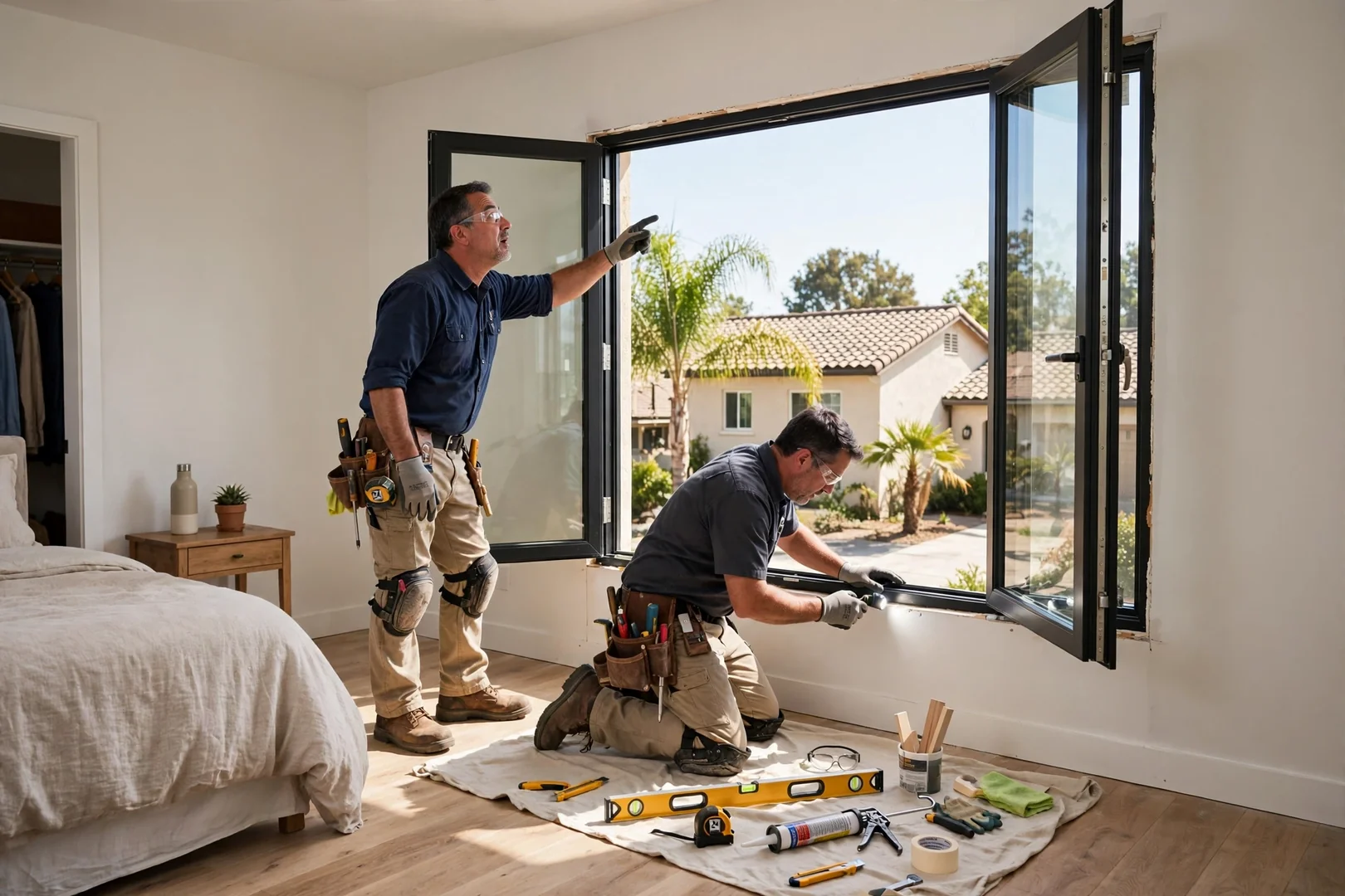 Large casement egress window installed in a bedroom with freshly finished interior returns