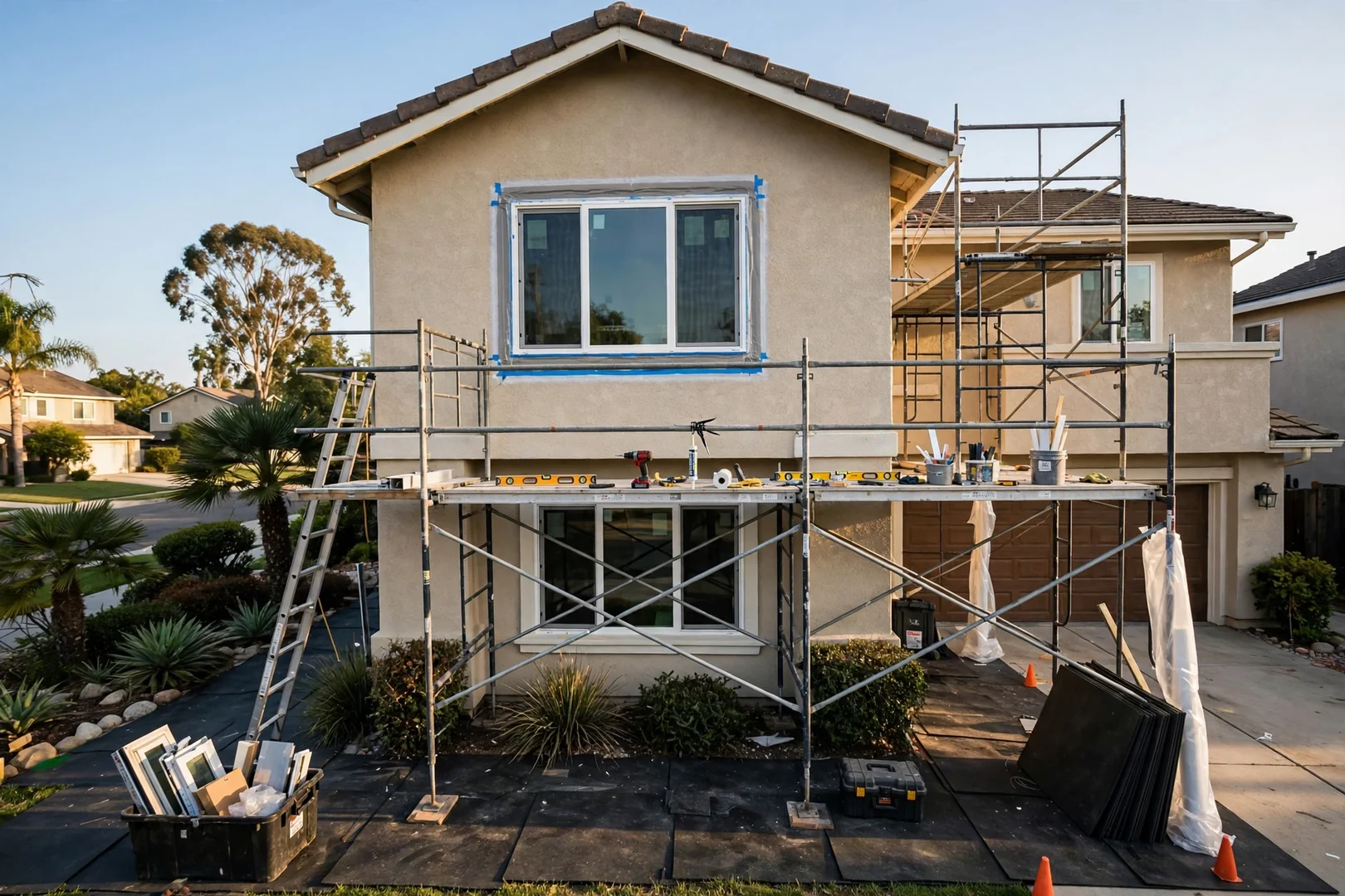 Scaffolding and ground protection set for a second-story window installation on a two-story home