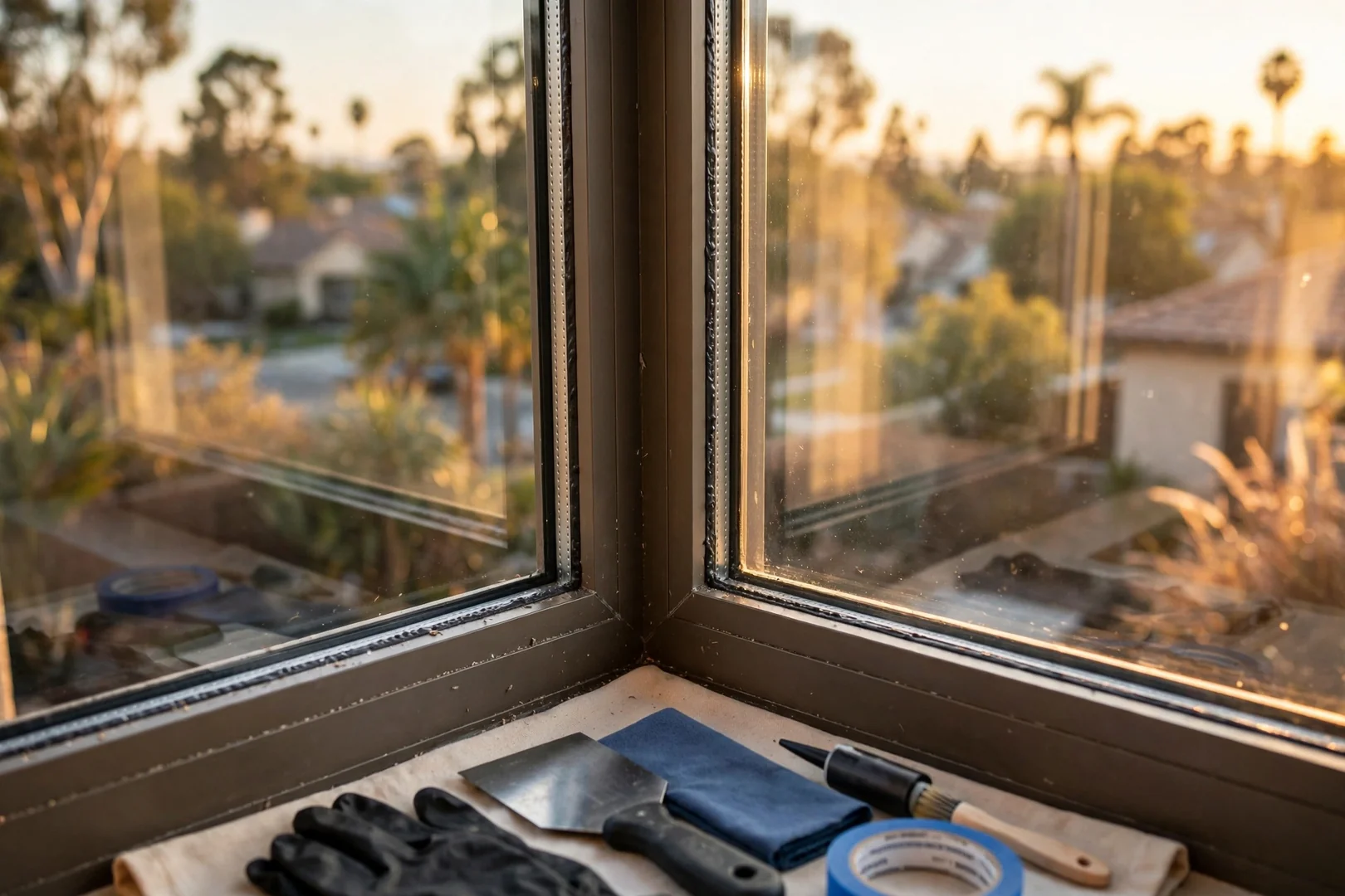 Close-up of a dual-pane low-E window corner with warm-edge spacer and sealed perimeter