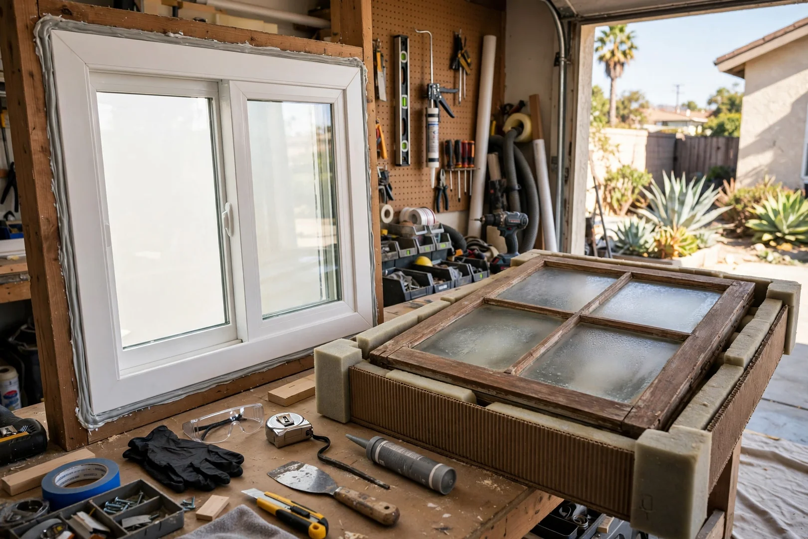 Clear replacement insulated glass sash installed next to a removed fogged unit in protective crating