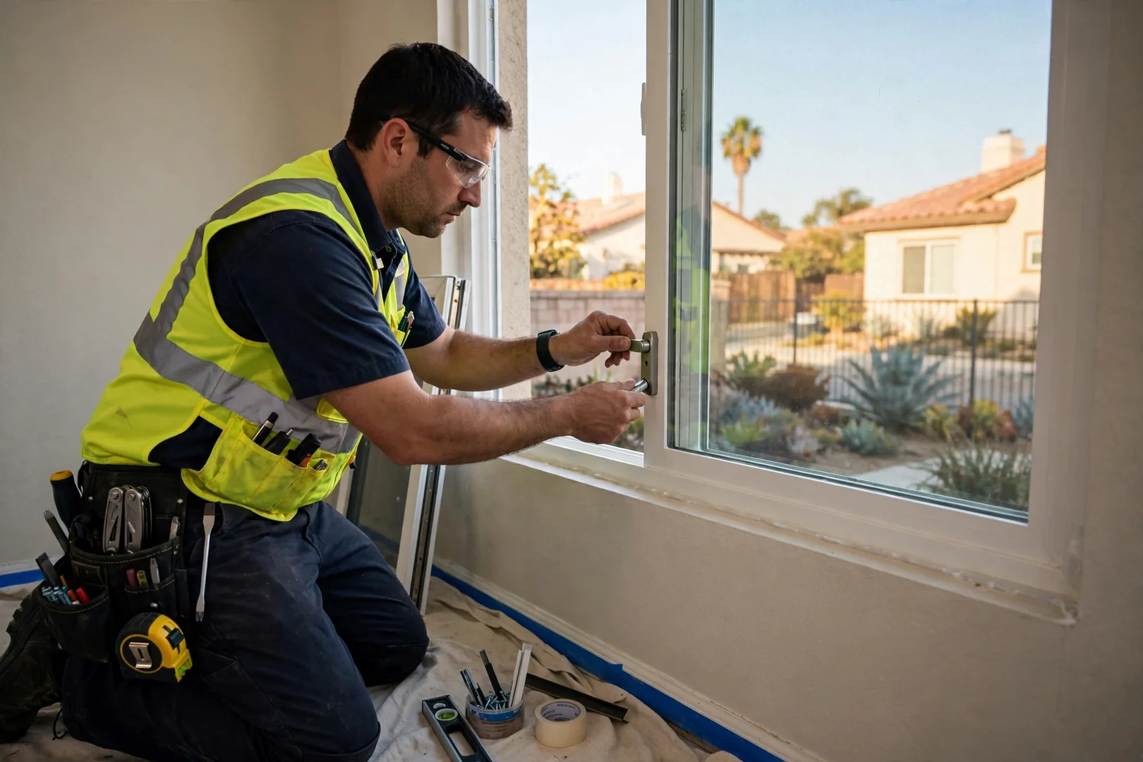 Trained technician checking sash operation and locking hardware after a new window installation