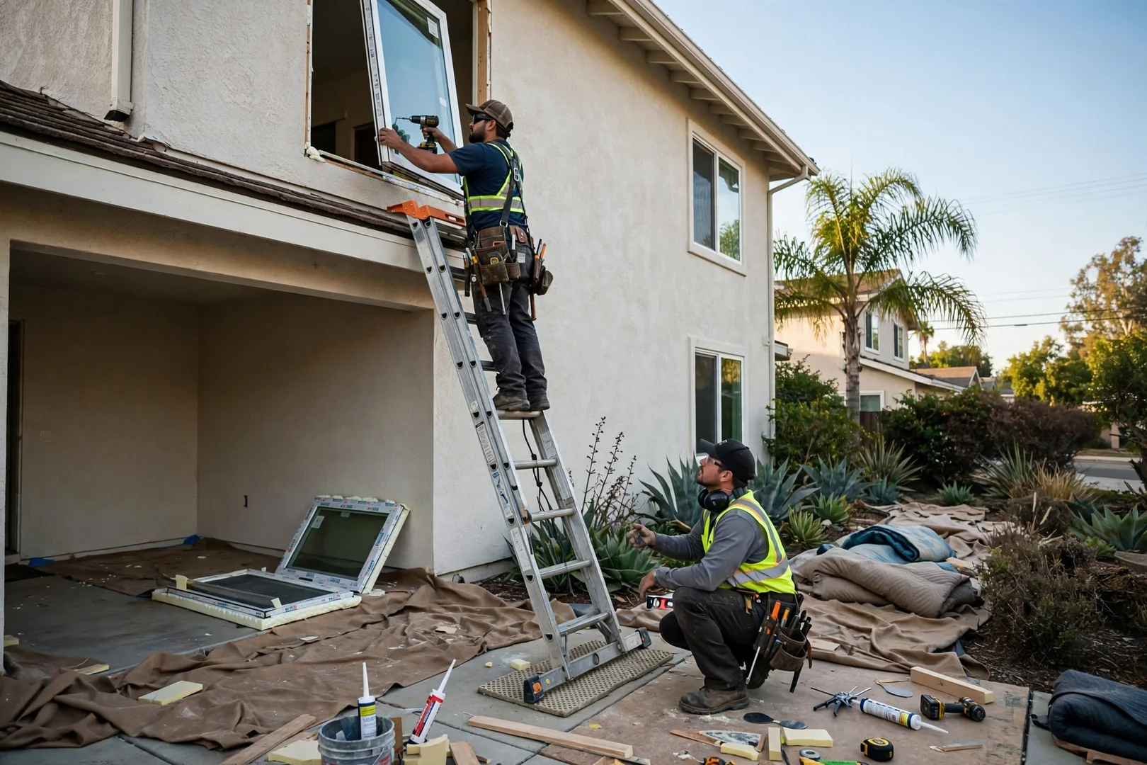 Crew using floor protection and stable ladder setup while installing windows on a two-story home