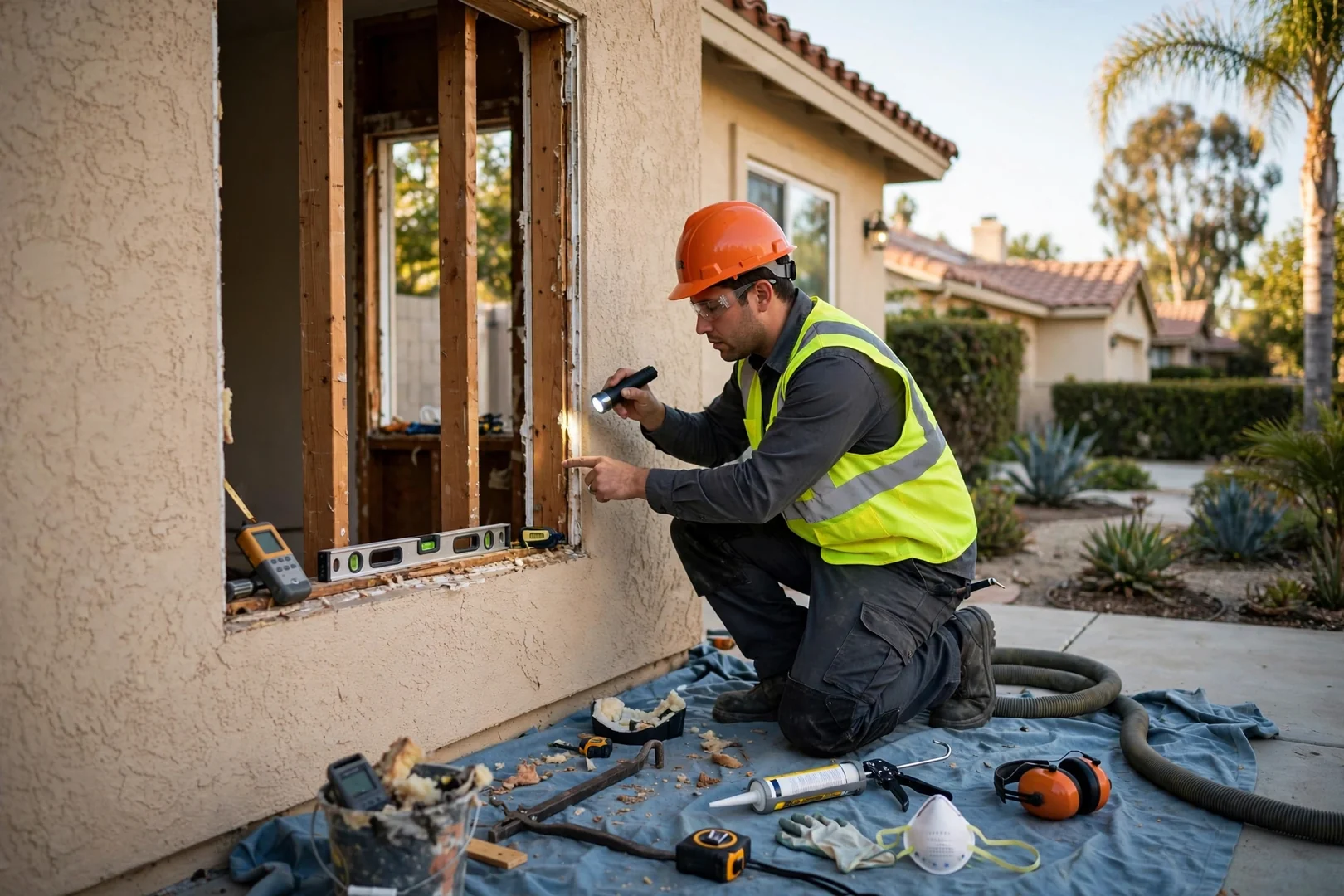 Technician preparing to safely remove a cracked window pane at a Garden Grove home