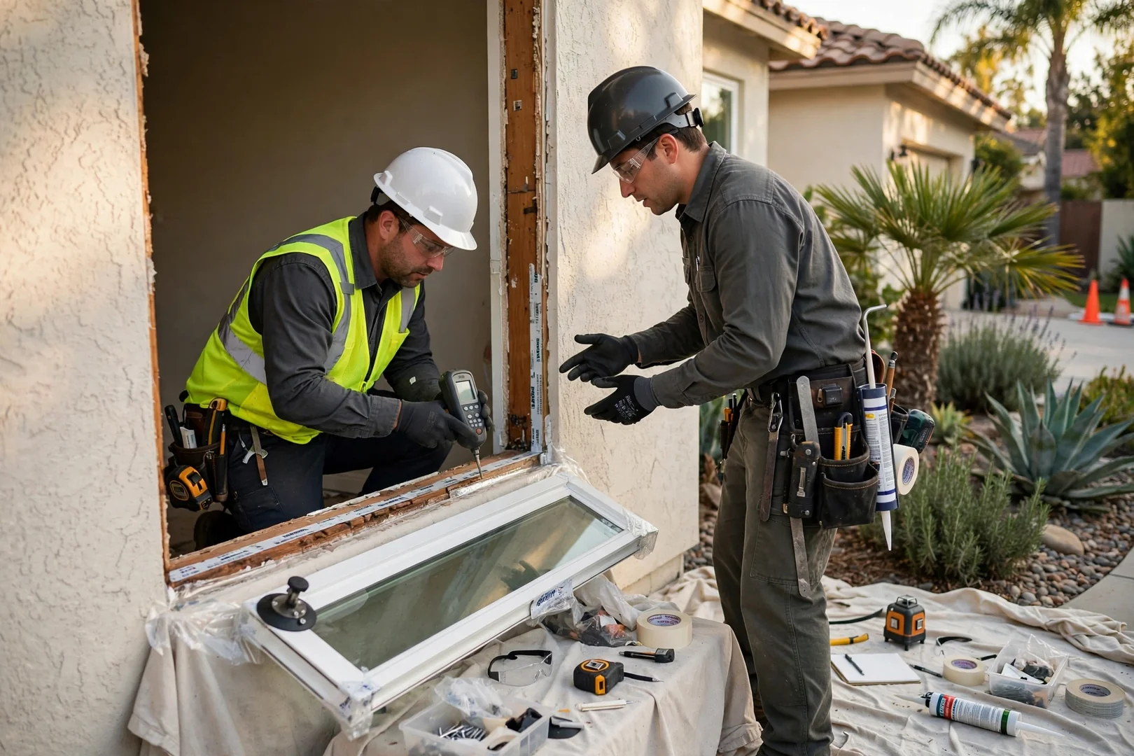 Technician carefully removing a cracked window pane from a Garden Grove home frame