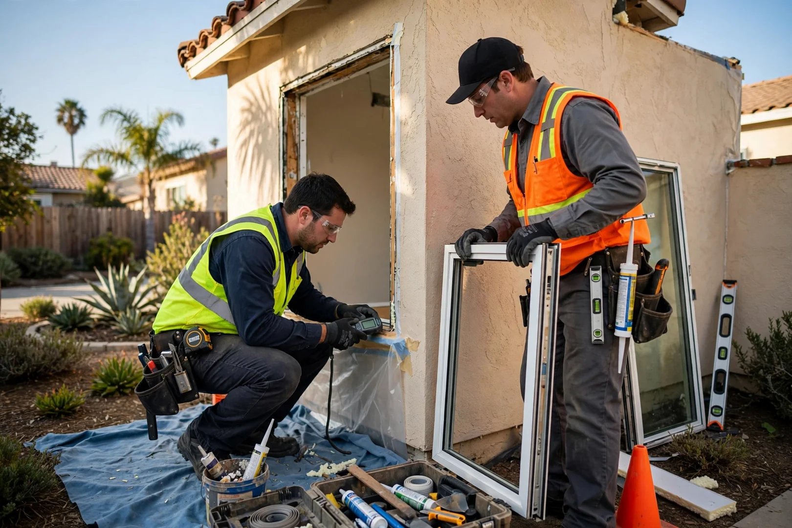 Technician inspecting a cracked double-pane window sash on a Garden Grove home exterior