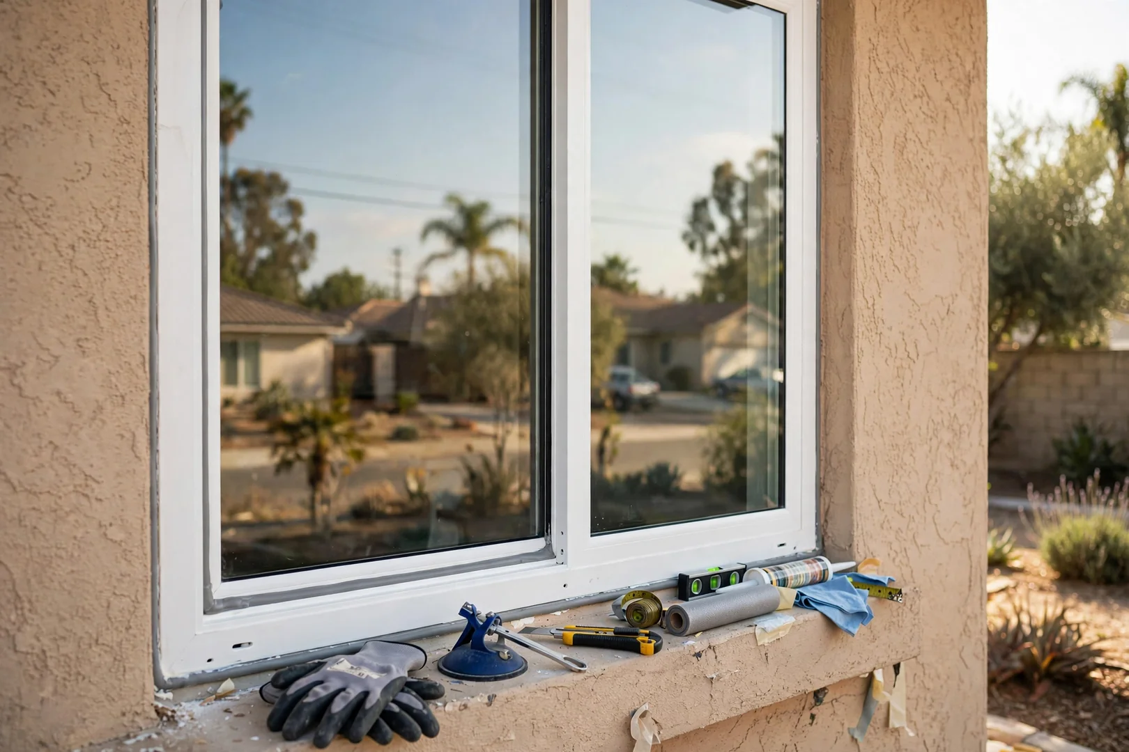 Clear replacement insulated glass unit installed in a white vinyl frame on a single-story home