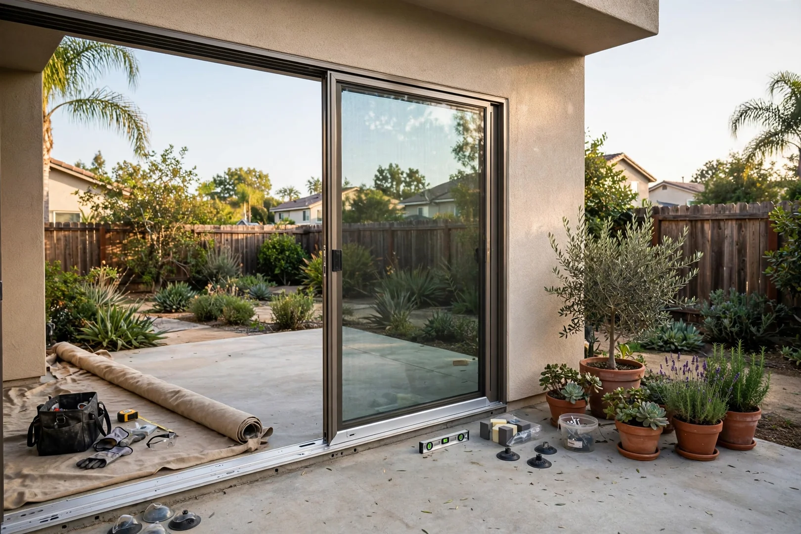 Finished sliding patio door with new tempered glass panel beside a tidy backyard patio