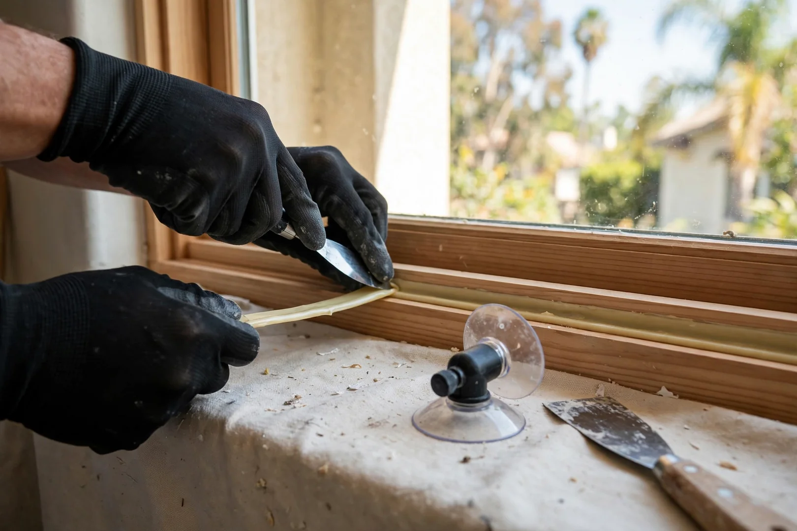 Technician gloved hands setting glazing bead into a bedroom window sash during repair