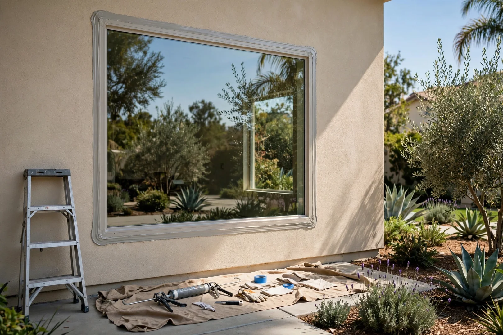 Large picture window with fresh perimeter sealant on a stucco wall after glass repair
