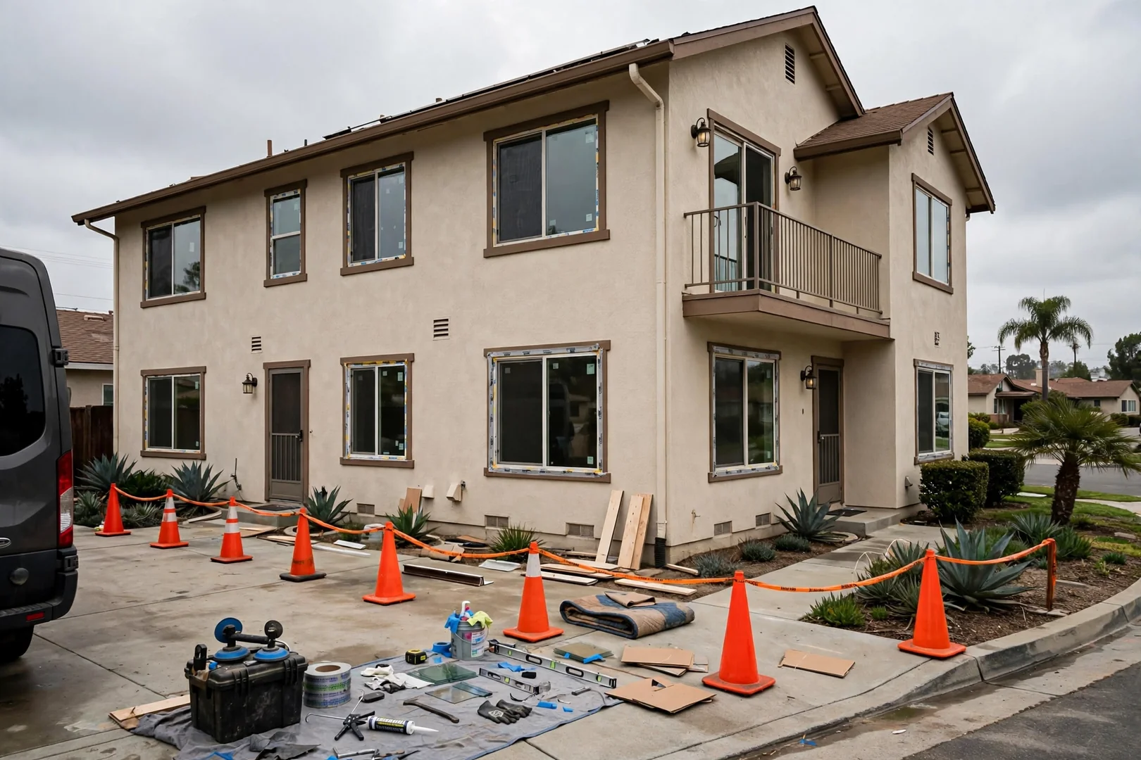 Two-story duplex exterior showing several repaired windows with clean glass and even frames