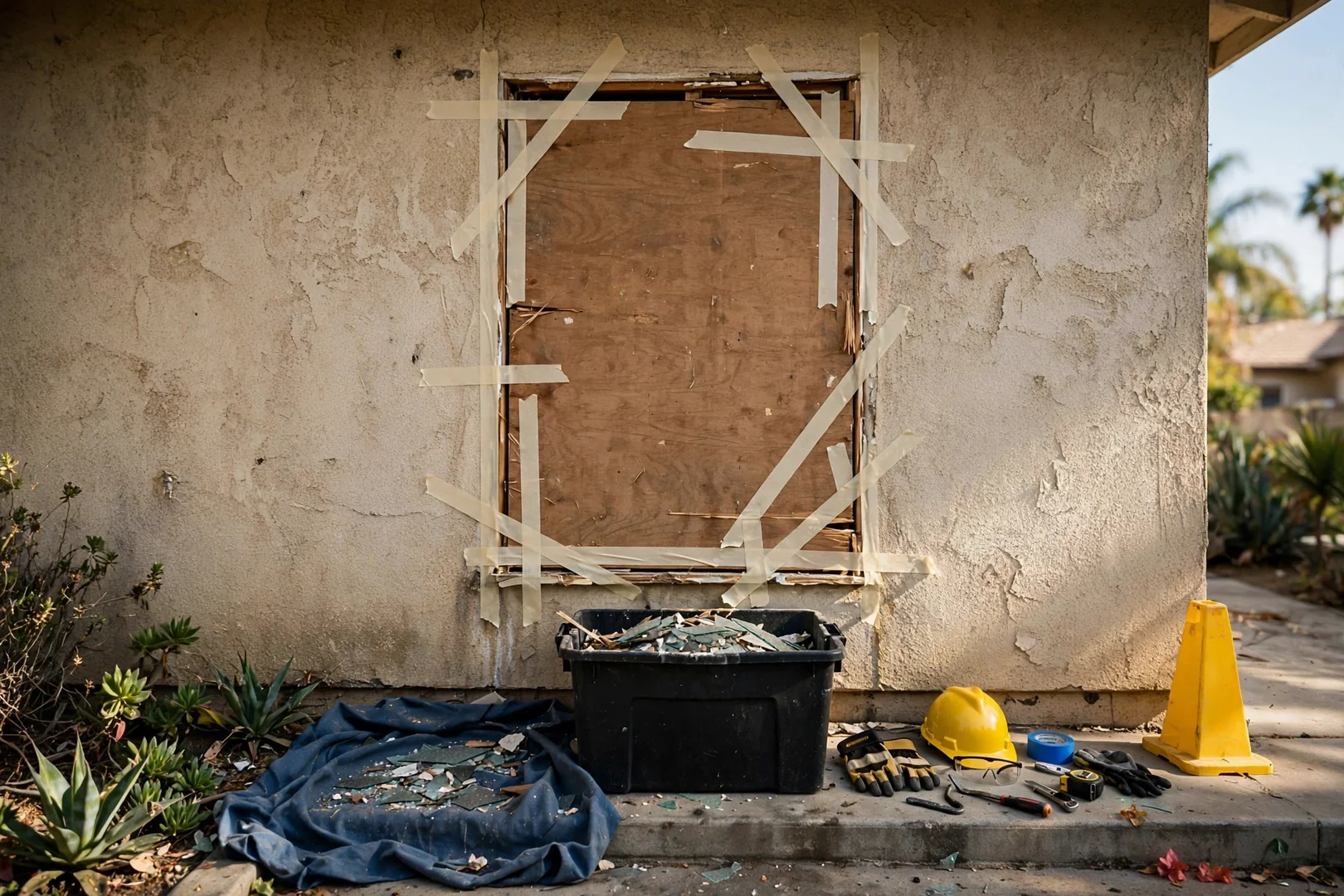 Before context view of a damaged window opening boarded and taped ahead of glass replacement