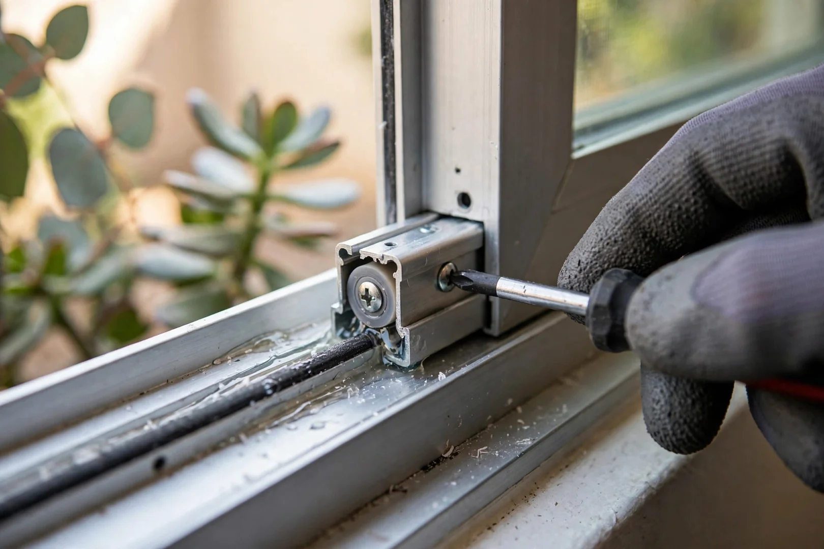 Close-up of aluminum window sash rollers and hardware adjusted during a repair visit