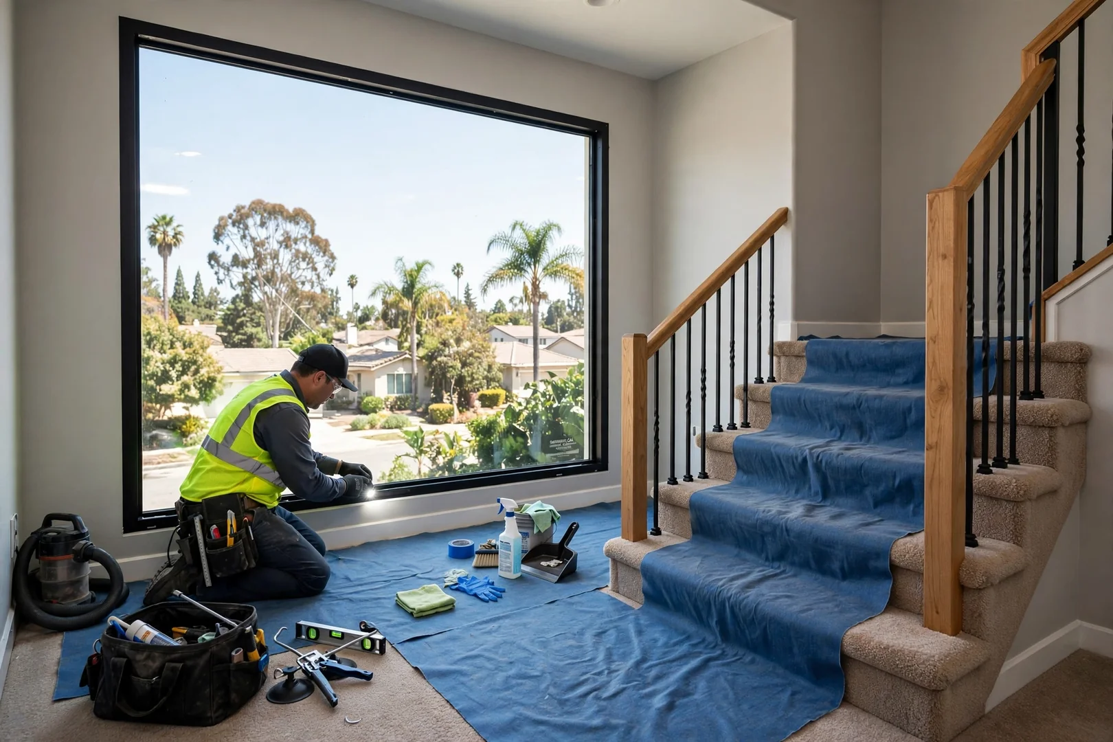 Finished tempered safety glass window beside an interior stairway landing with clean sightlines