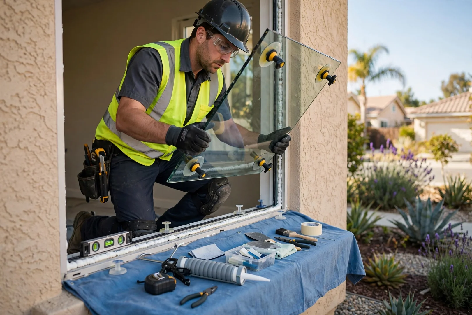 Trained technician setting a replacement insulated glass unit into a prepared window frame