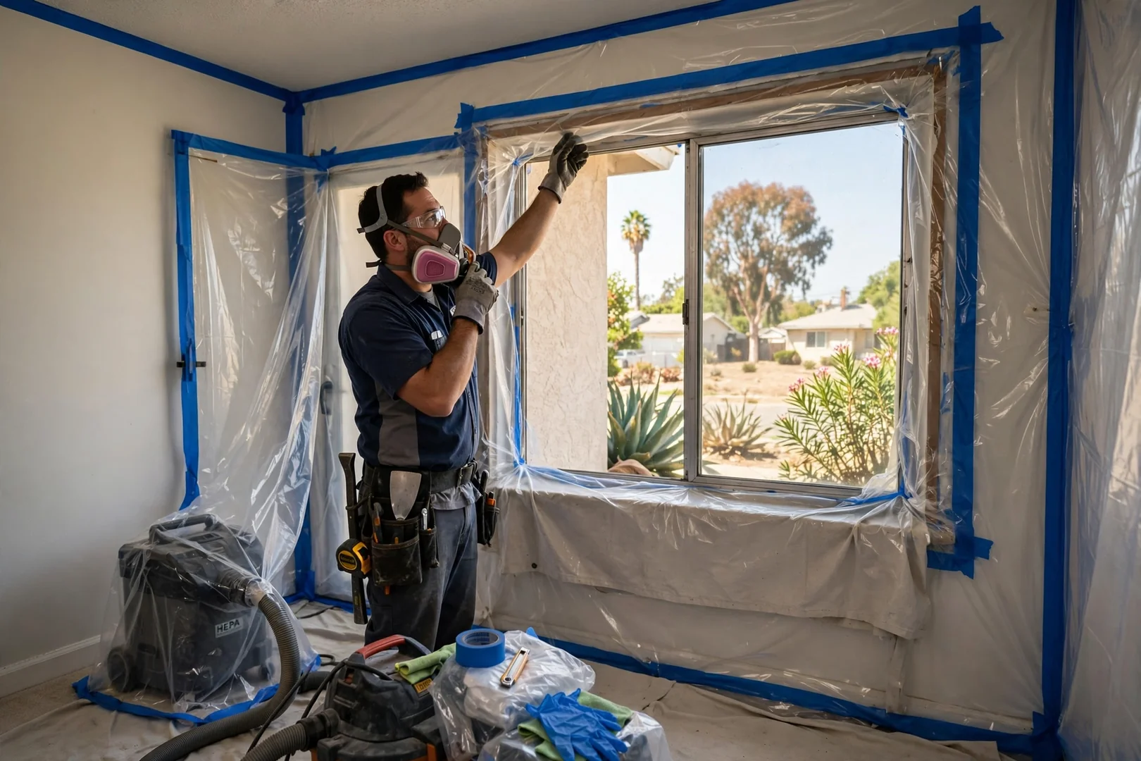 Protective sheeting and containment setup around an interior window before glass removal