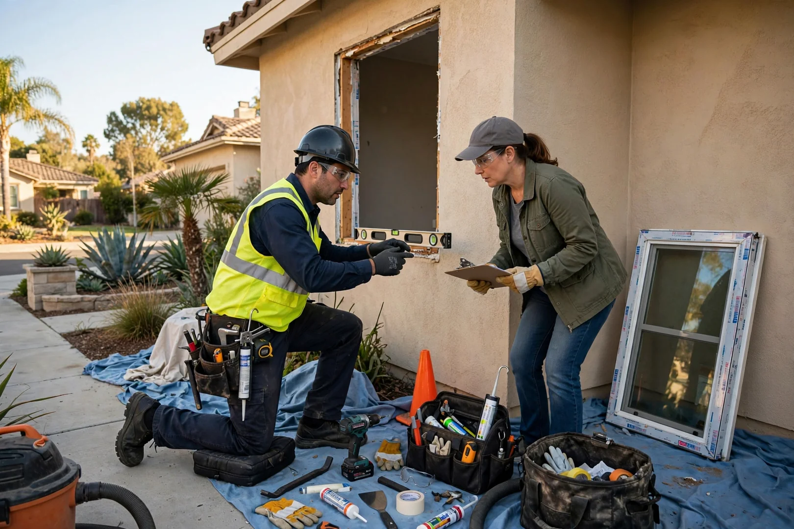 Two technicians carefully lifting a new energy-efficient window into a residential opening