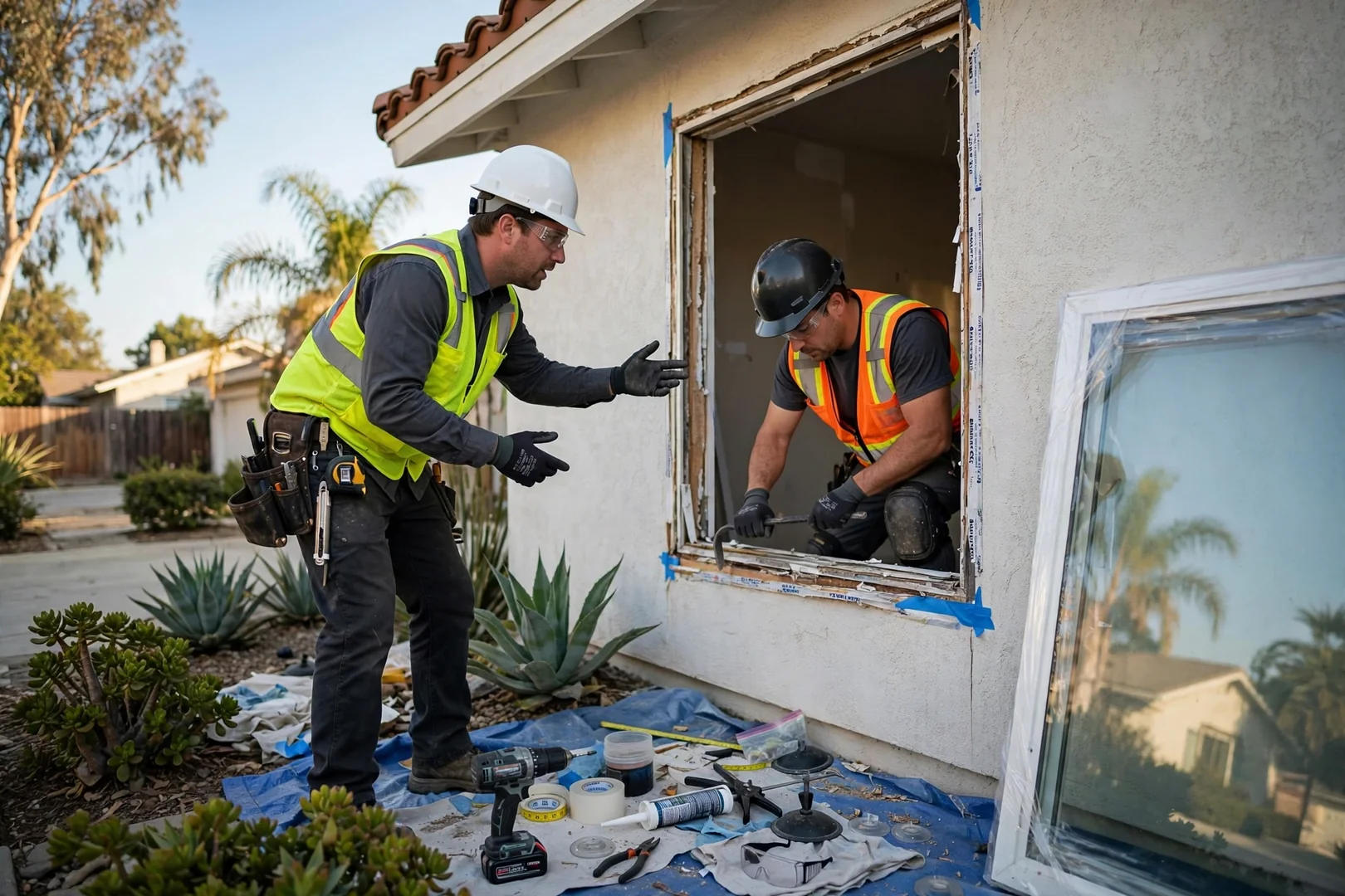 Window installer preparing a Garden Grove home opening