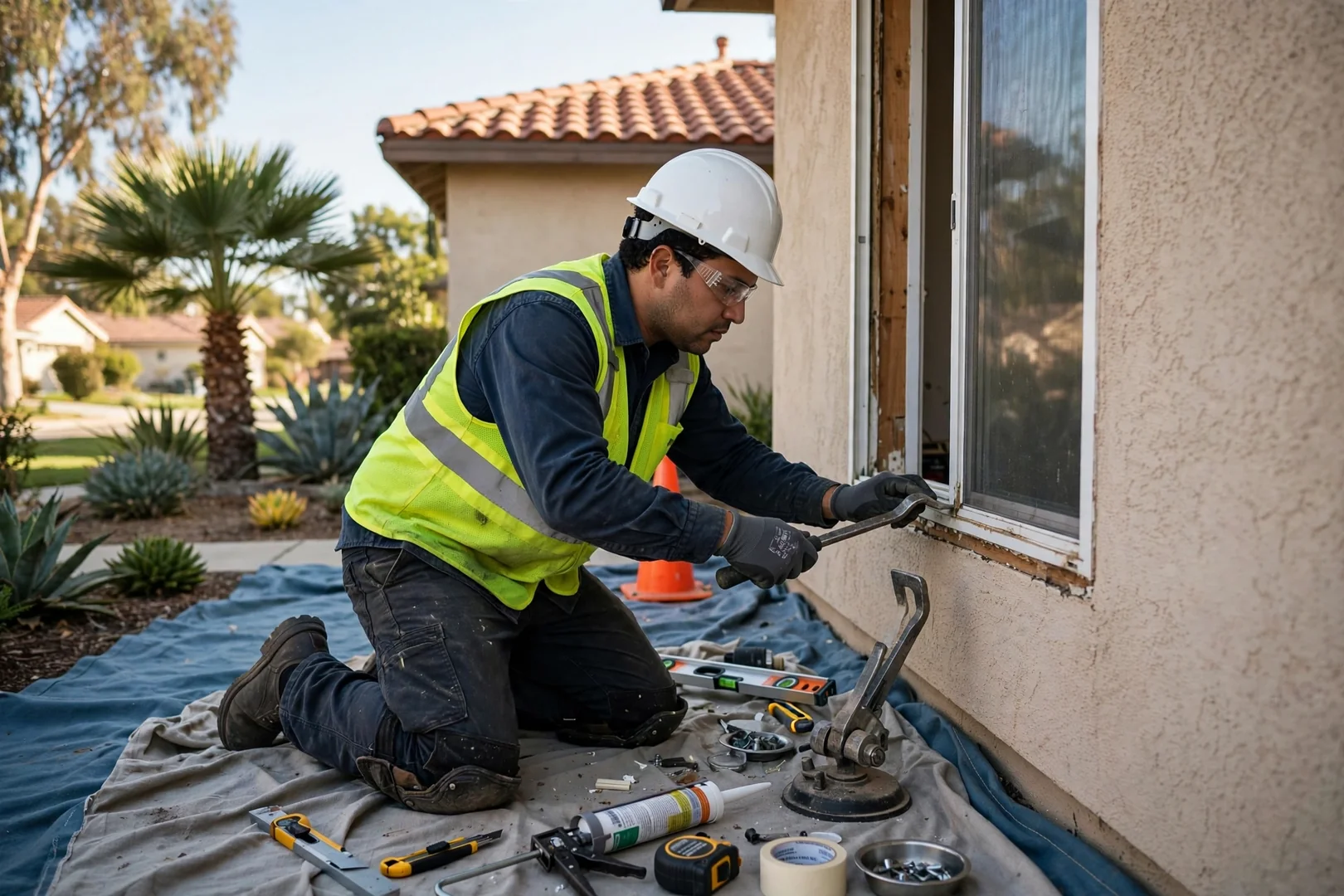 Technician setting a double pane insulated glass unit with suction handling tools
