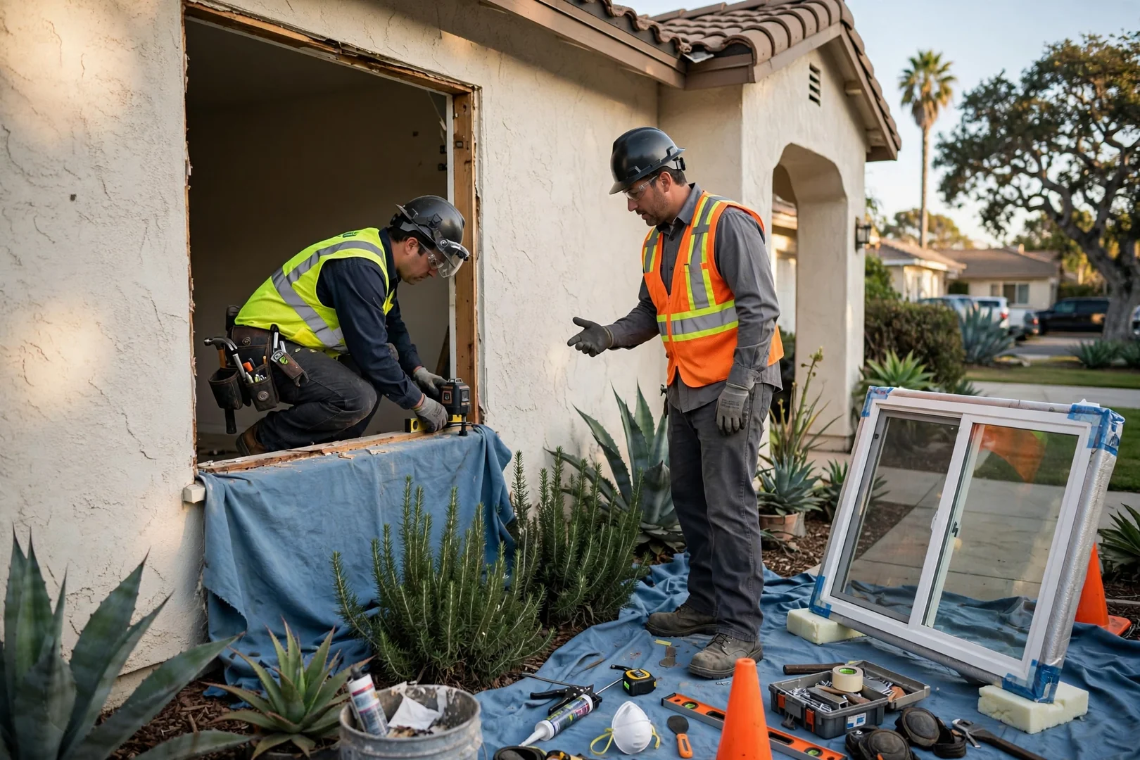 Installer measuring a window opening before retrofit replacement in a Garden Grove home