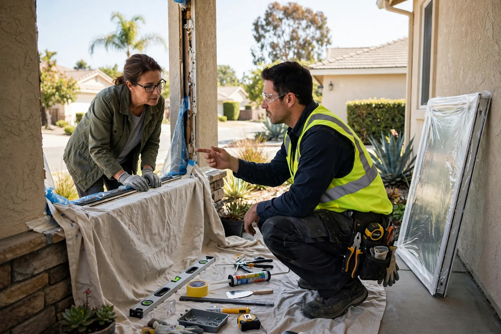 Installer reviewing window measurements with a homeowner inside a Garden Grove living room