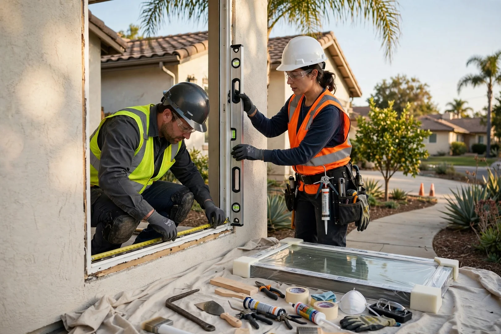 Work van and staged window units outside a single-story Garden Grove home