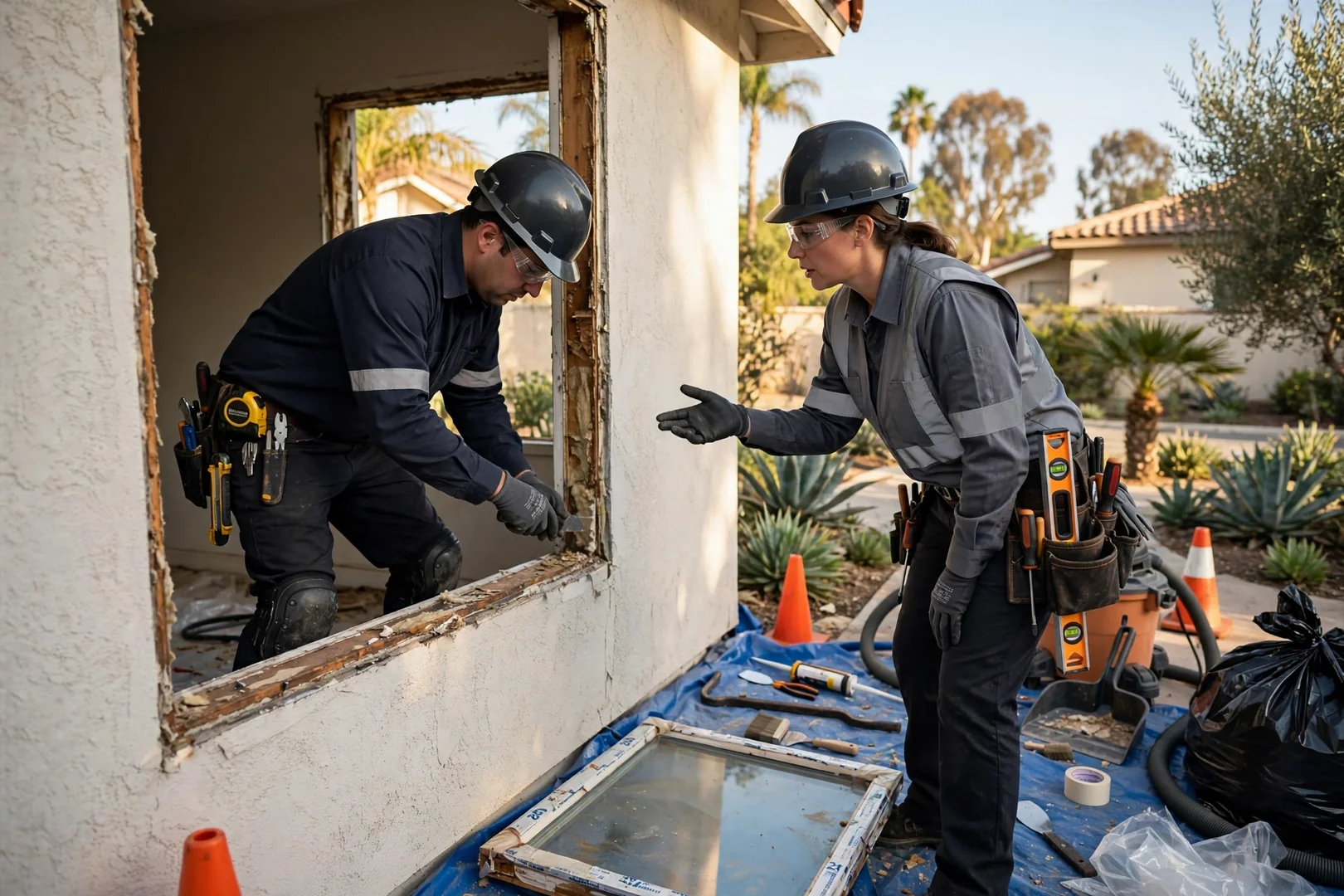 Technician reviewing window measurements with homeowner during an in-home consultation in Garden Grove