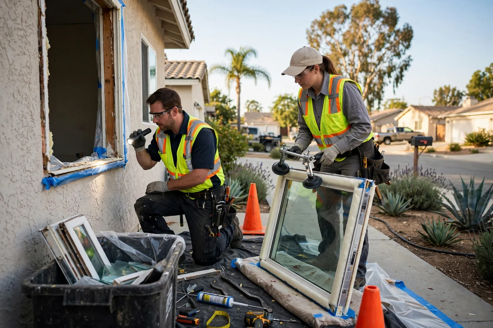 Technician sealing a retrofit window frame on a stucco exterior in a Garden Grove neighborhood