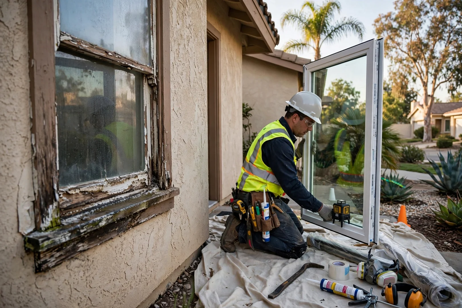 Technician inspecting a fogged double-pane window frame on an older Garden Grove home