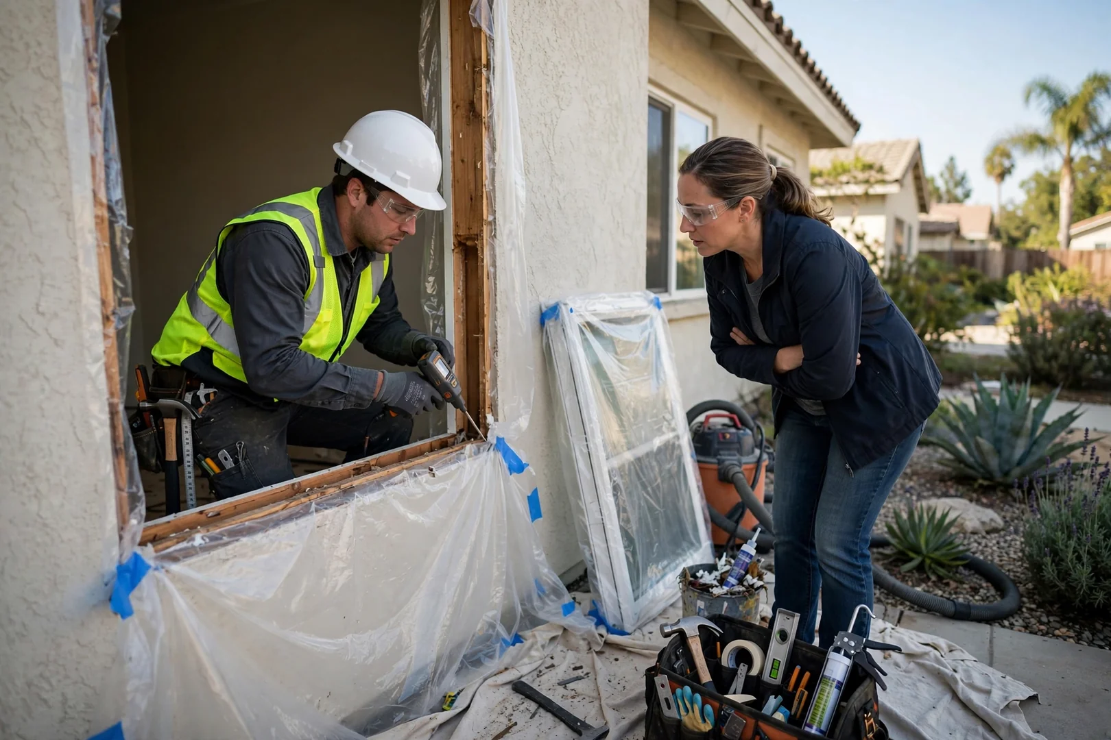 Installer setting a new vinyl window into a prepared opening