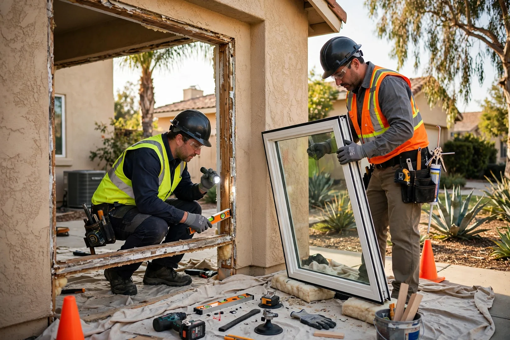 Experienced crew completing a full frame window installation and sealing exterior trim on a house